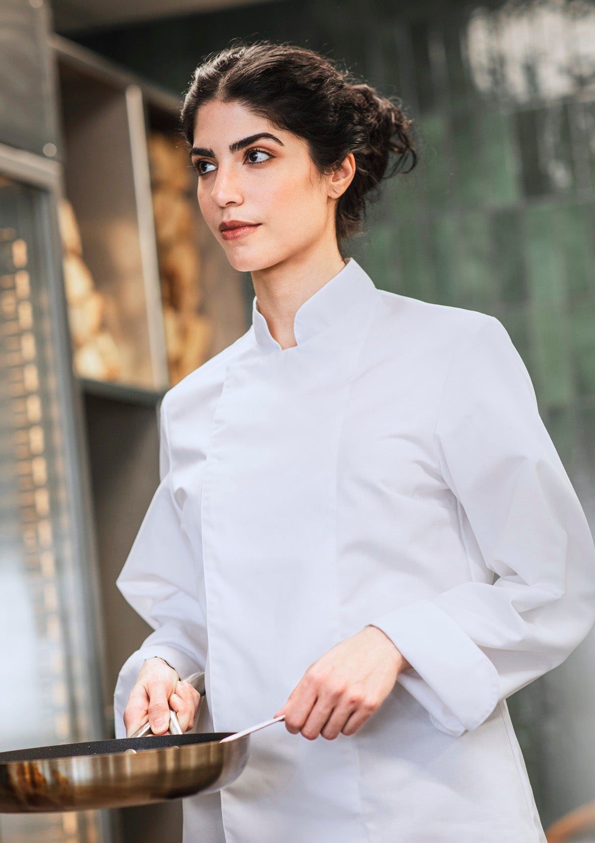 Chef Jacket Double-Breasted & Long-Sleeved Slightly Waisted For Women