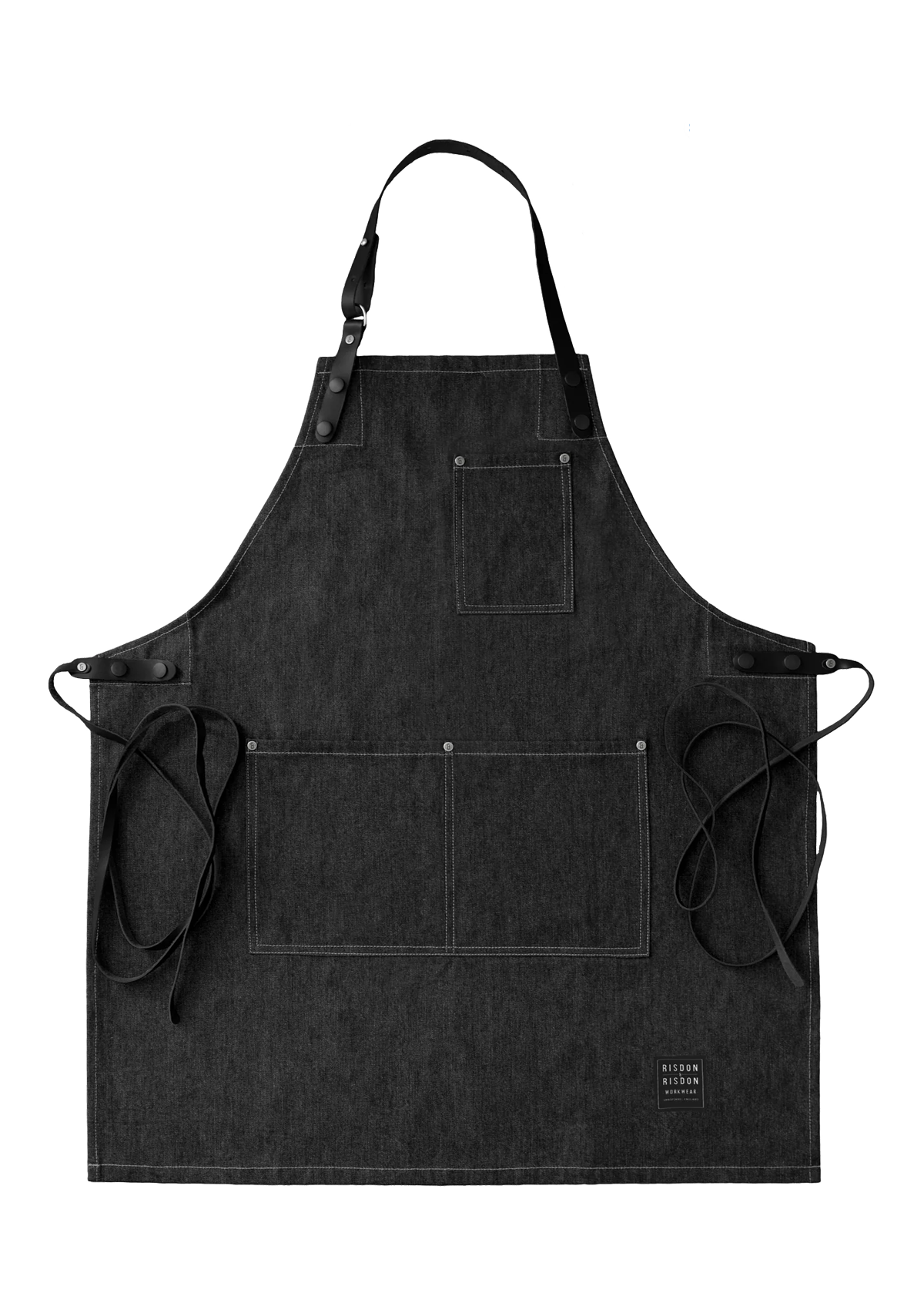 Delantal artesanal Street en denim con tirantes de cuero unisex | Risdon & Risdon