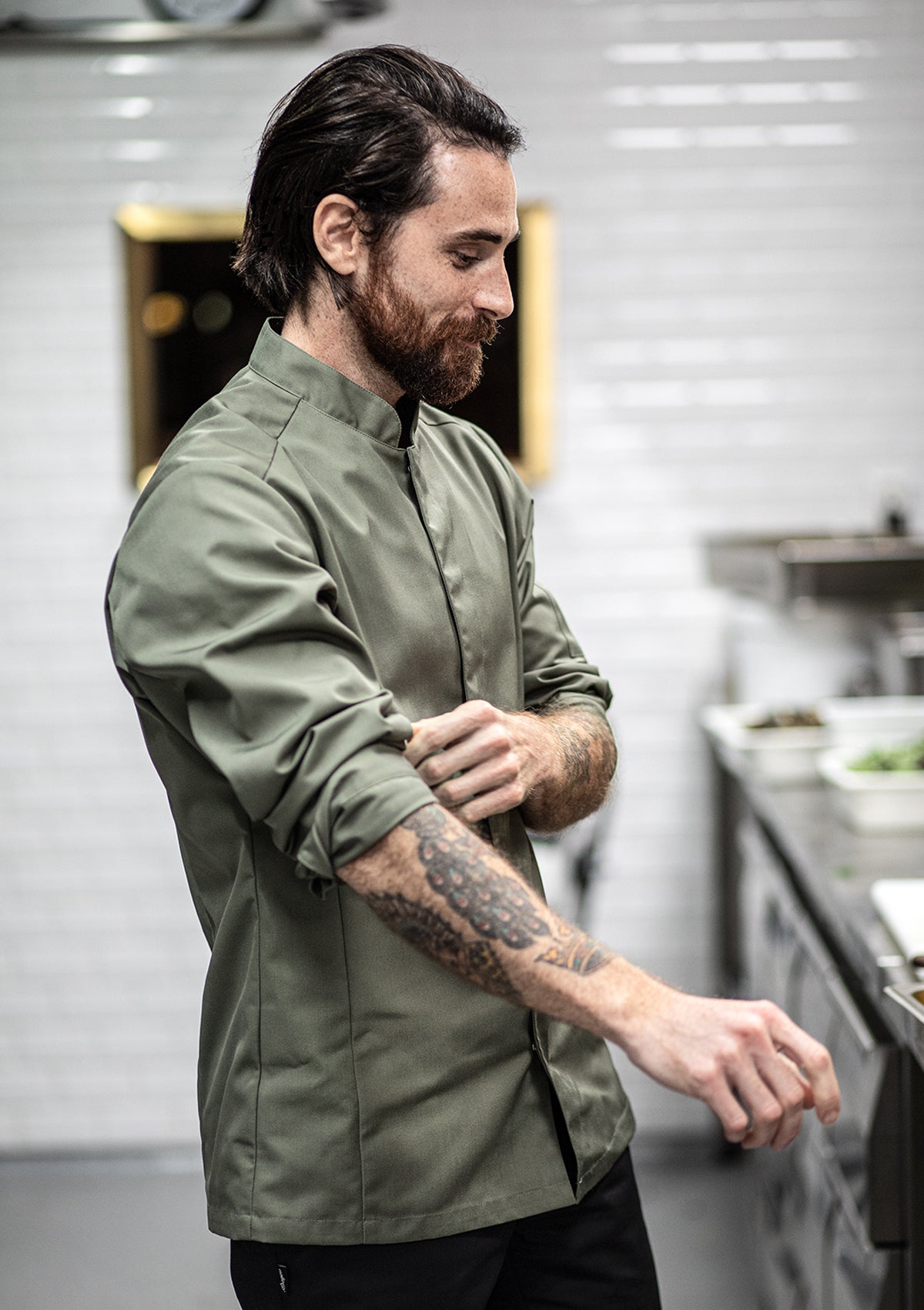 Camisa de chef para hombre entallada manga larga con bolsillo | Segers