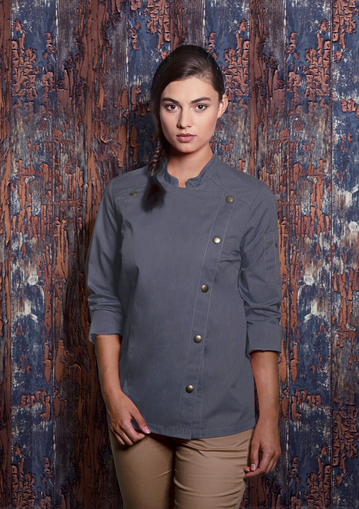 Double-Breasted & Long-Sleeved Chef's Jacket Jeans-Style For Women