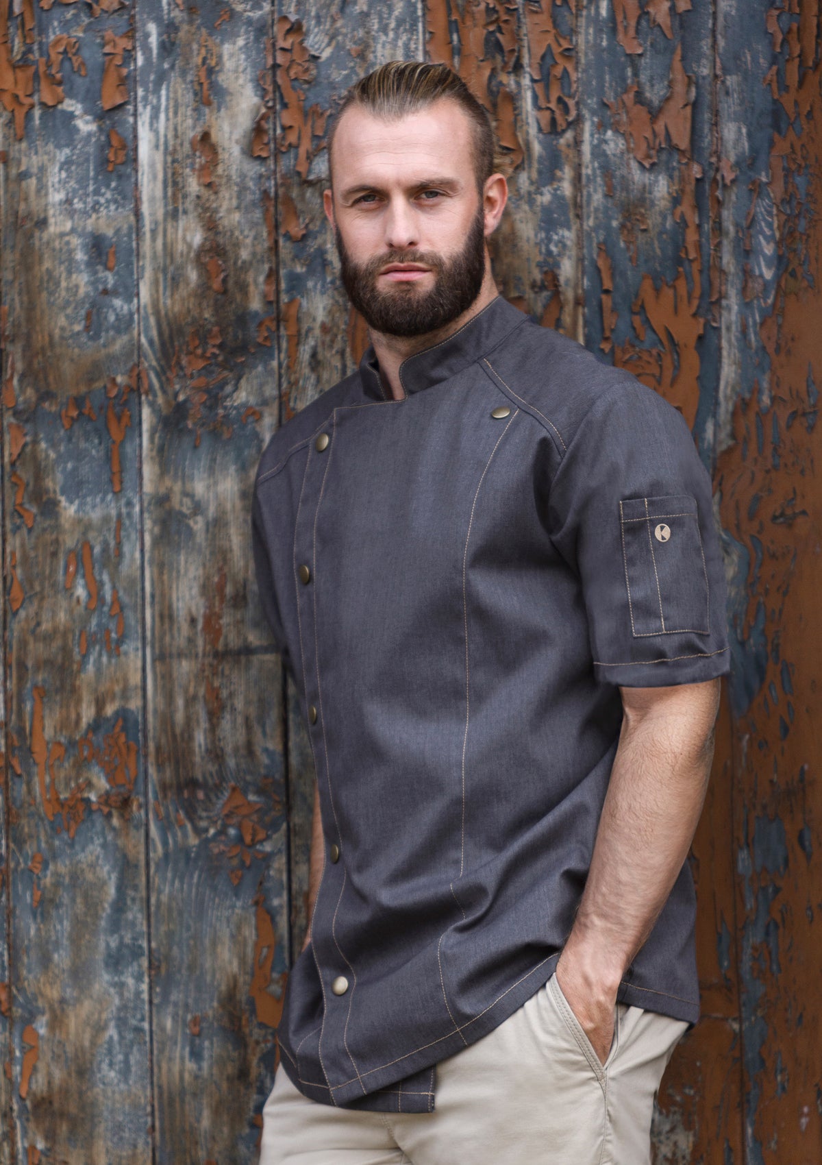 Chef Jacket Jeans-Style Double-Breasted & Short-Sleeved  For Men